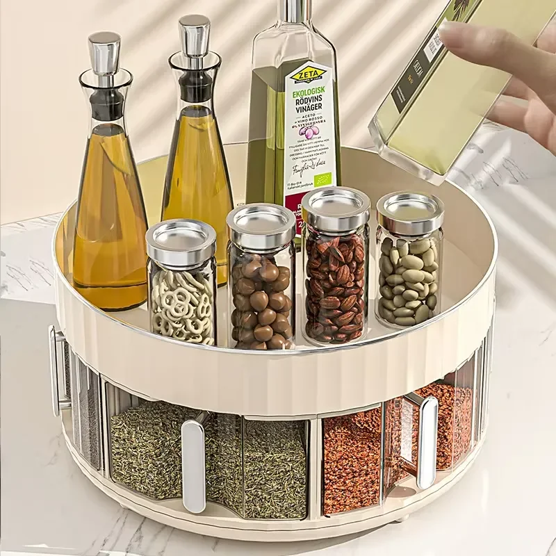 Multifunctional Plastic Kitchen Rotating Seasoning Rack Condiment Storage Organizer for Countertop Bottle Jar Holder