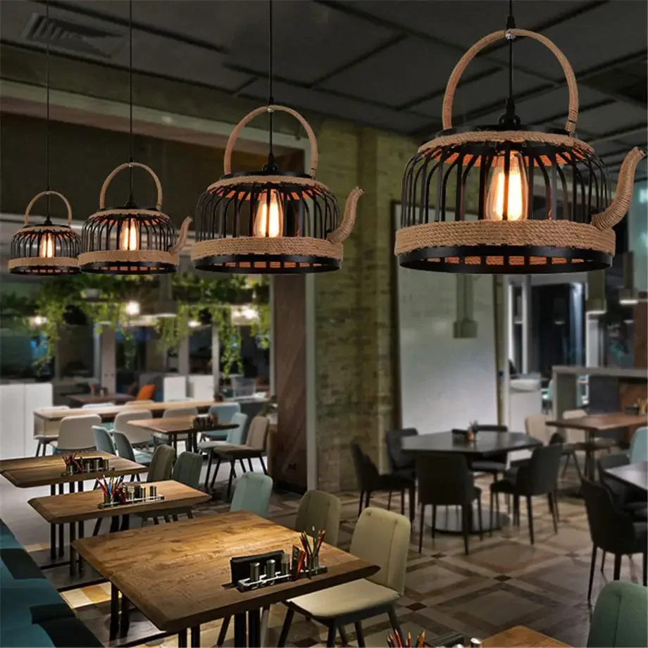 Lampe Suspendue en Rotin et Corde pour Théière, Luminaire Industriel de Décoration Rustique pour Loft, Cuisine, Bar, Salle à Manger