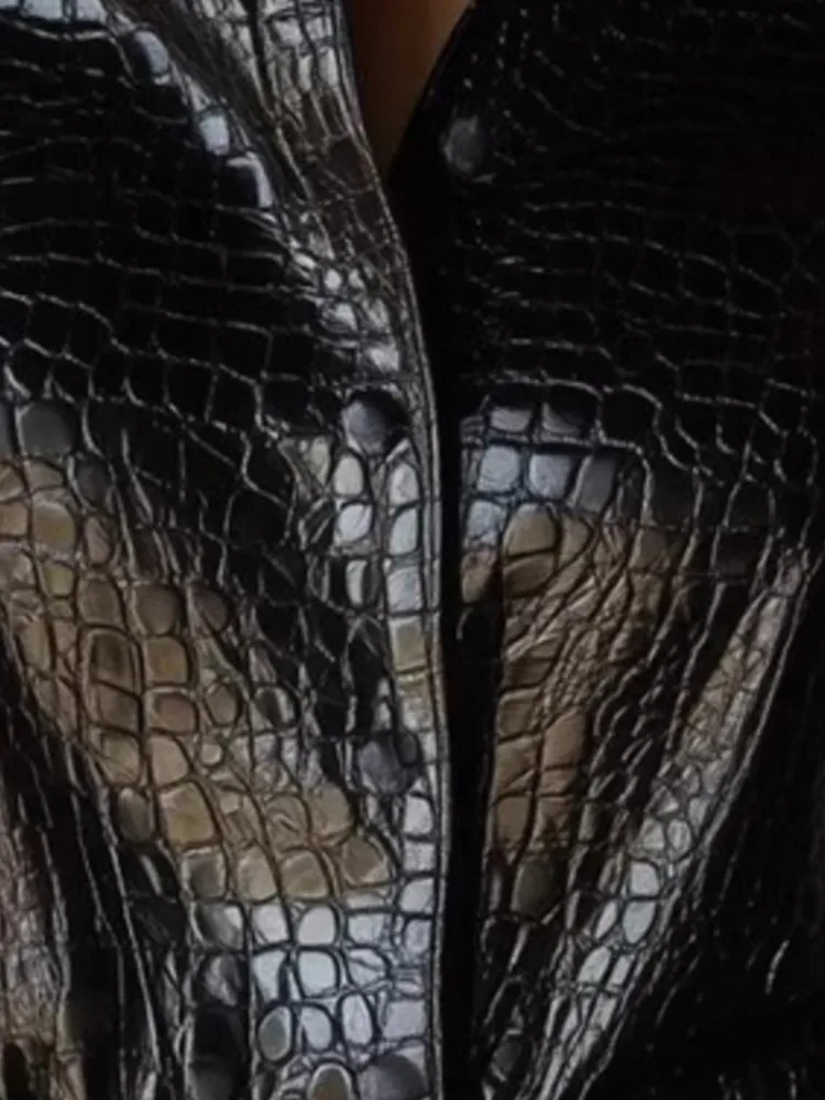 Glossy Snake Print PU Leather Shirt Women Black Lapel Single Breasted Long Sleeve Cortex Shirts Fashion Streetwear Blouses Tops