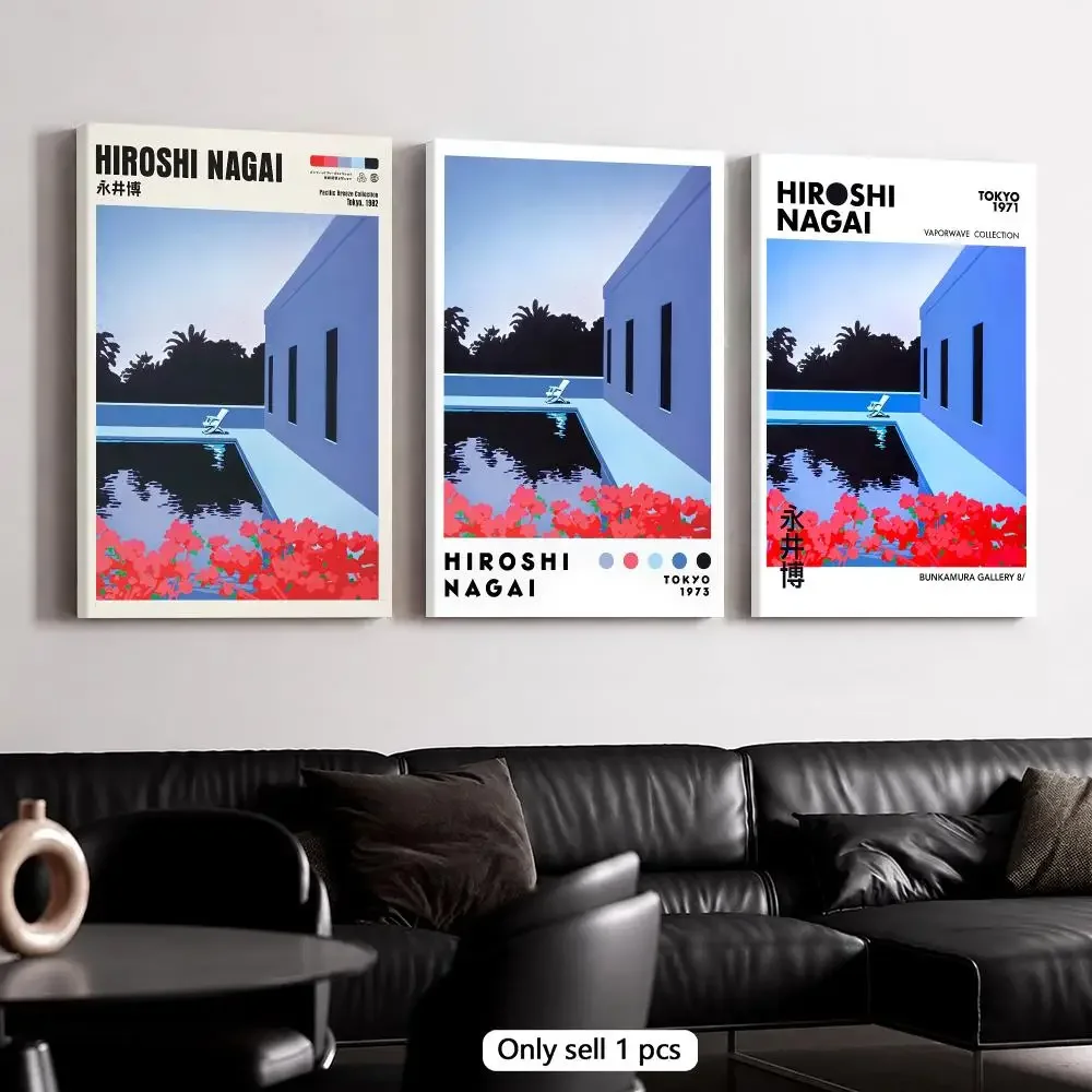 H-Hiroshi Nagai Bougainvillea Blue Painting Calligraphy Framed Canvas Wall Art Poster Solid Wood Frame Home Decor