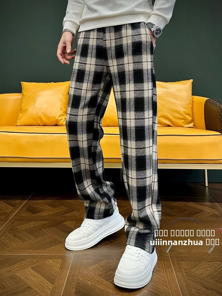 

Мужские повседневные спортивные брюки осенне-зимние, свободные, в клетку, с широкими штанинами, прямого кроя, класса люкс, для бизнес-кэжуал стиля