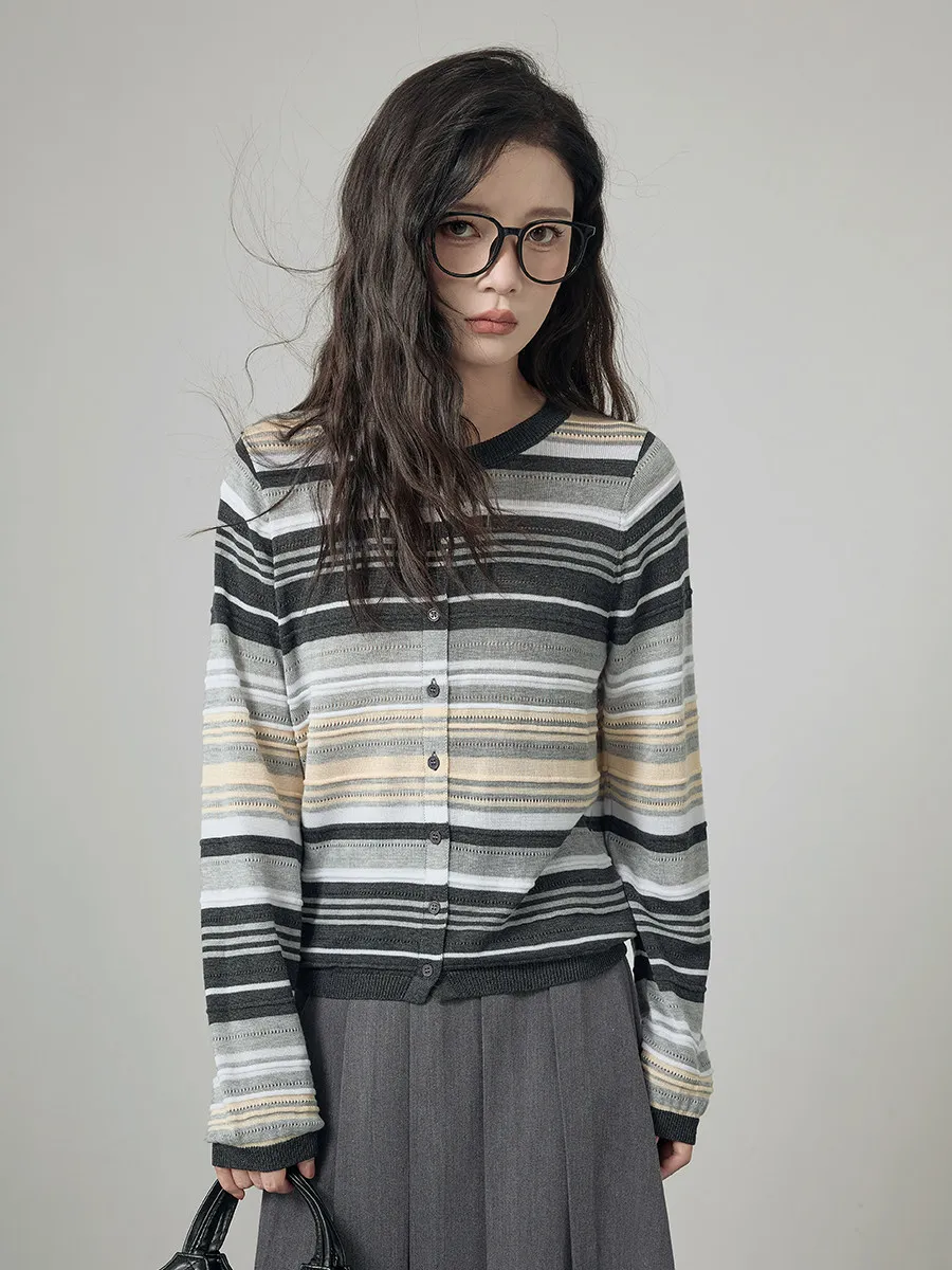 

Spring 2026 Women's Knitted Stripe Hollow out Slim Fit Open Cardigan Top Color Block Design Fashionable Small Size Friendly