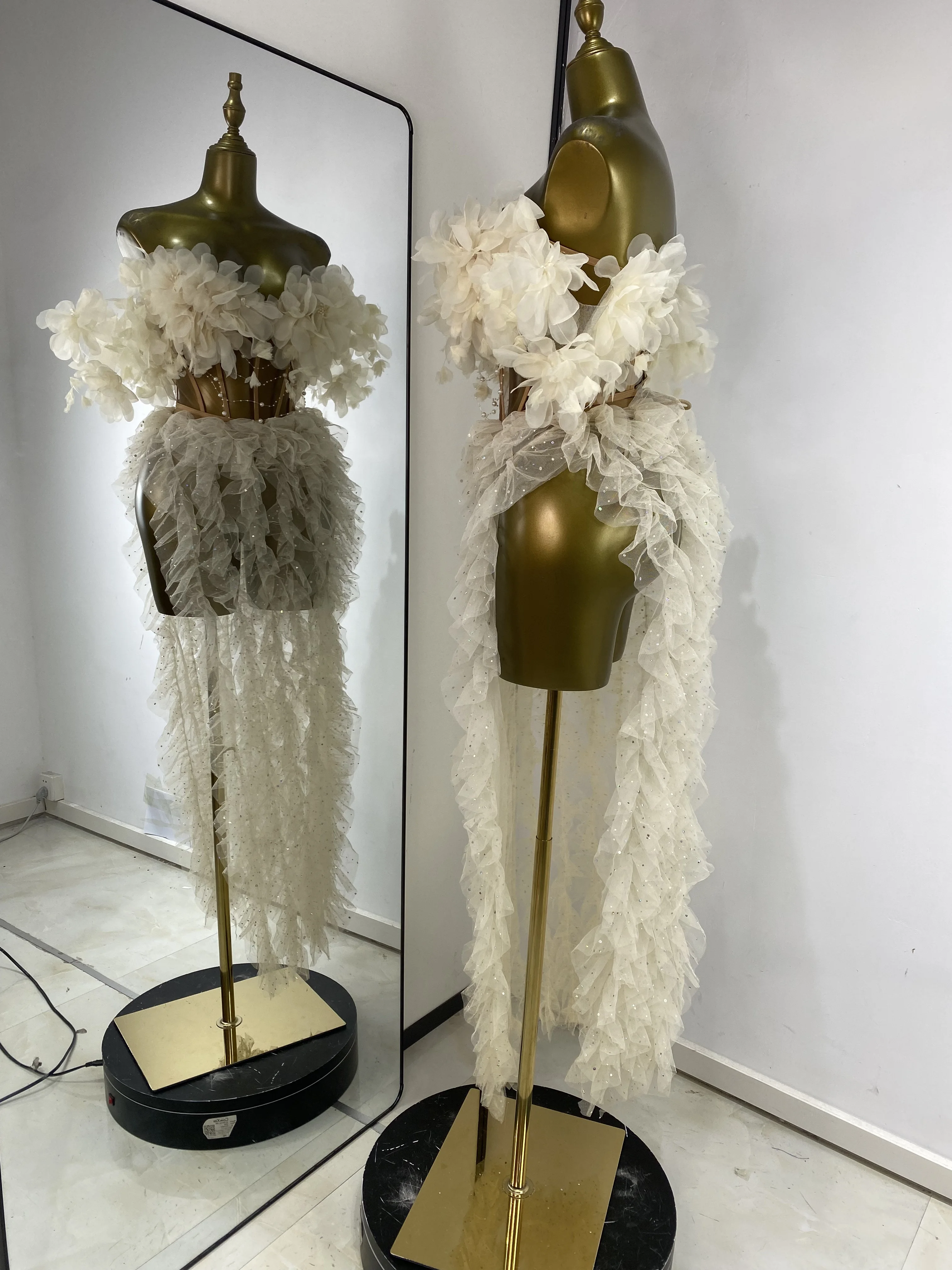 

Women Flower Birthday Photoshoot Dress Off Shoulder Bustier Corset Top Long Glitter Mesh Skirt 2Pieces Sets Sexy Nightbar Outfit