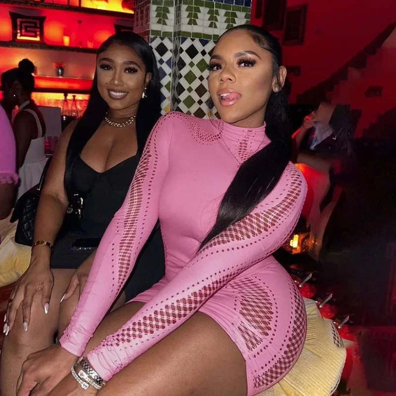 女性用セクシーな透かし彫りミニドレス、メッシュ長袖シームレスパーティクラブウェア、ボディコンカットアウトミニドレス