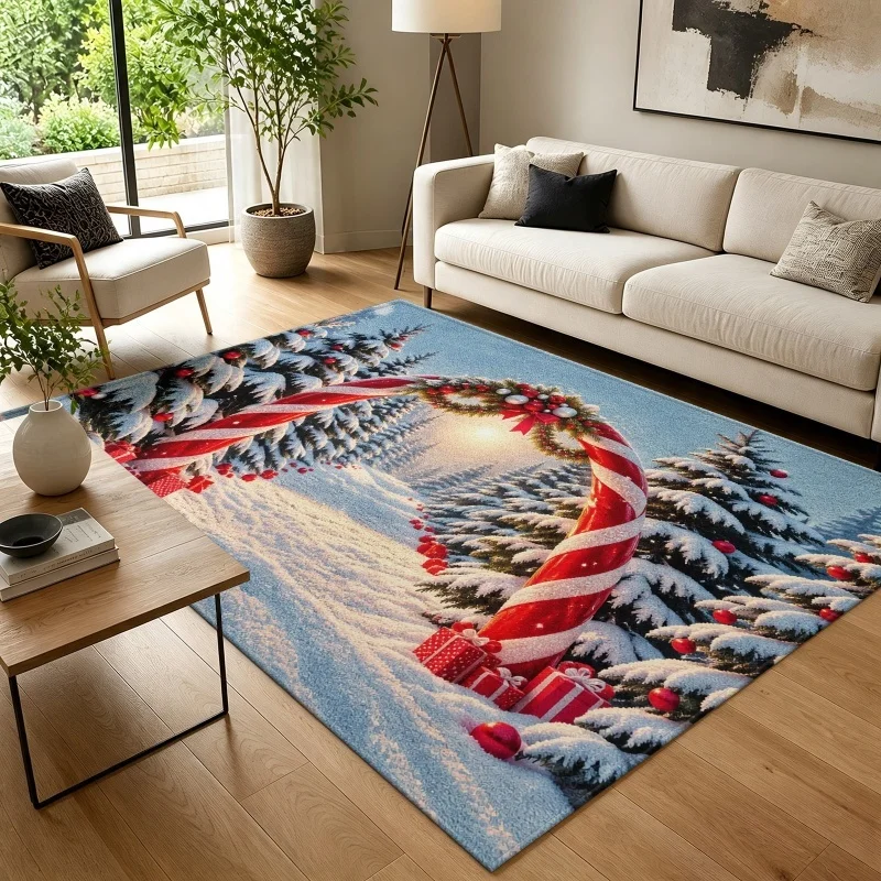 Candy Cane Winter Forest Christmas Area Rug Snowy Pine Tree Sunrise Gift Box Print Floor Mat Bright Scenic Holiday Decor Carpet