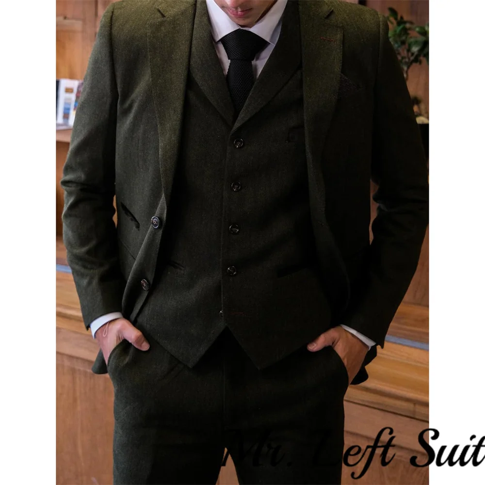 Men‘s Suits 3 Pieces Green Wool Tweed Herringbone Business Retro Notch Lapel Classic Tuxedos For Wedding Blazer Pants Vest