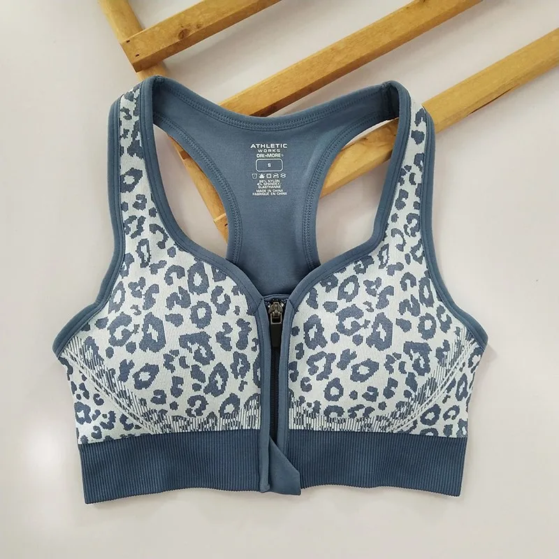 High-Intensity Gym Bra With Zipper Women Leopard Print Fitness Sport Bra Crop Top Running Yoga Vest Female Workout Underwear