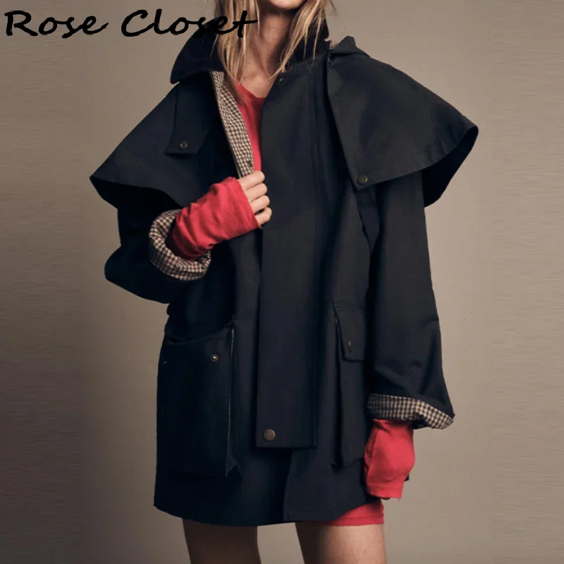 شيك الخريف المرأة معطف مقنع قابل للإزالة فضفاض سترات طويلة جيوب سستة أبلى 2025 جديد أنثى عادية مقاوم للماء الشارع الشهير #2