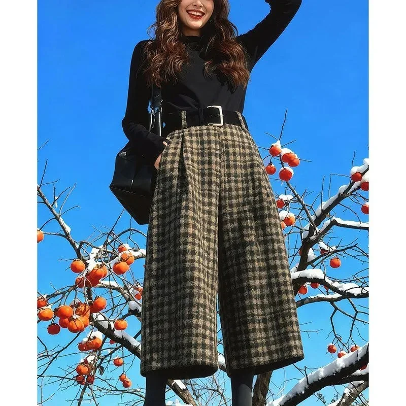 Women Large Size 4XL Plaid Woolen Plush Thick Pantalons Korean Lady Eight Points Trousers Autumn Femme High Waist Wide-leg Pants