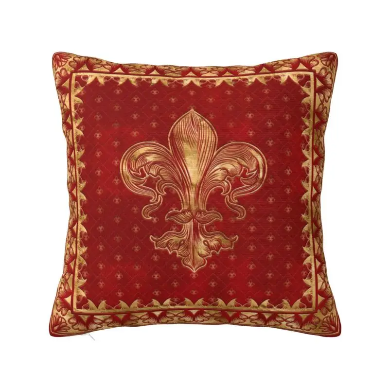 

Custom Vintage Fleur De Lis Ornament Luxury Red Pillow Case Ancient Symbol Sacred Lily Flower Chair Cushion Cover Square