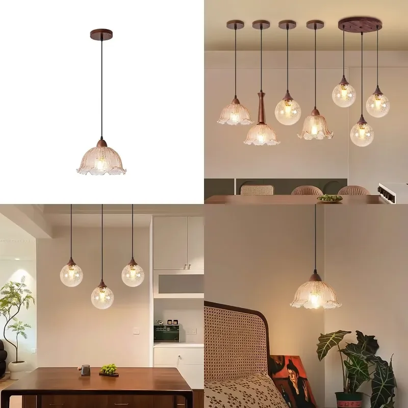 Medieval French Retro Walnut Solid Wood Ice Crack Glass Small Chandelier for Dining Table Bar Bedroom Bedside Lamp Decor