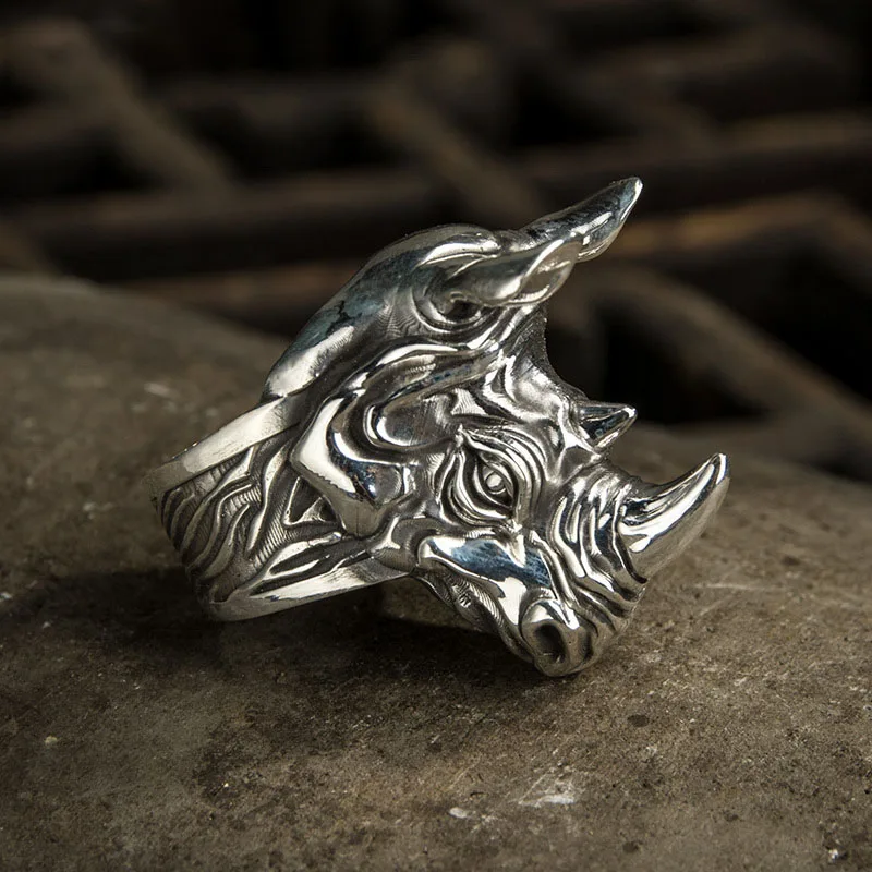 Hip hop Men\'s Rhino Head ring Fashion Punk animal-shaped ring back-to-school season gift Everyday street commuter party