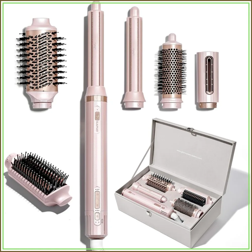 6-in-1 Hot Air Styler & Thermal Brush, 2X Coanda Wrap Curler with 1.25" Barrel for Suction & Long-Lasting Curls, Dual-Power Fast Straightening, Sleek Pink Set