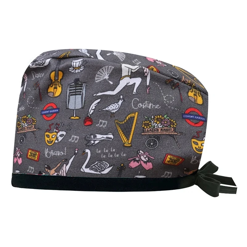 Cartoon Print Scrub Women Hat Adjustable Elastic Buckle Multicolor Pet Grooming Nutritionist Work Hospital Surgical Caps