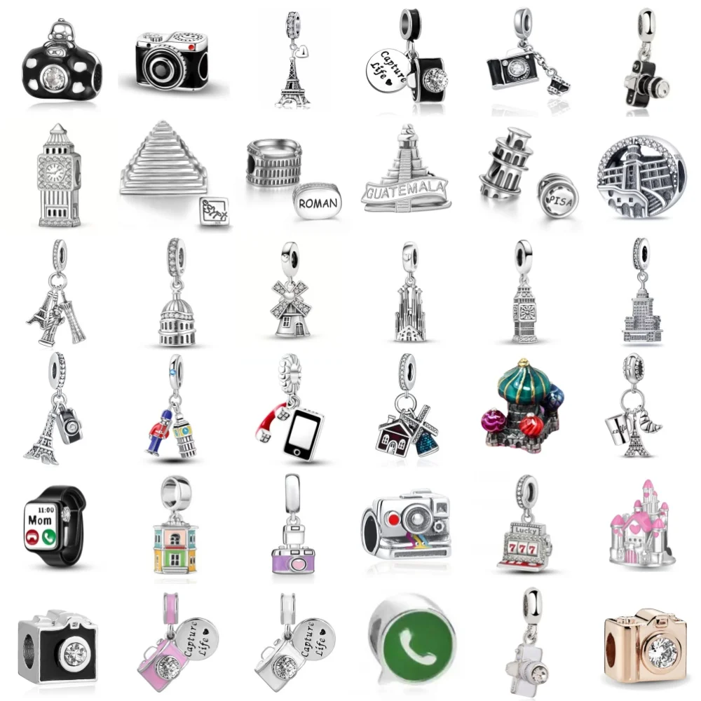 

925 Silver Iron Tower Castle Church Lucky Charm camera Bead Building Pendant Fit Original Bracelet Women DIY Jewelry Make Gift
