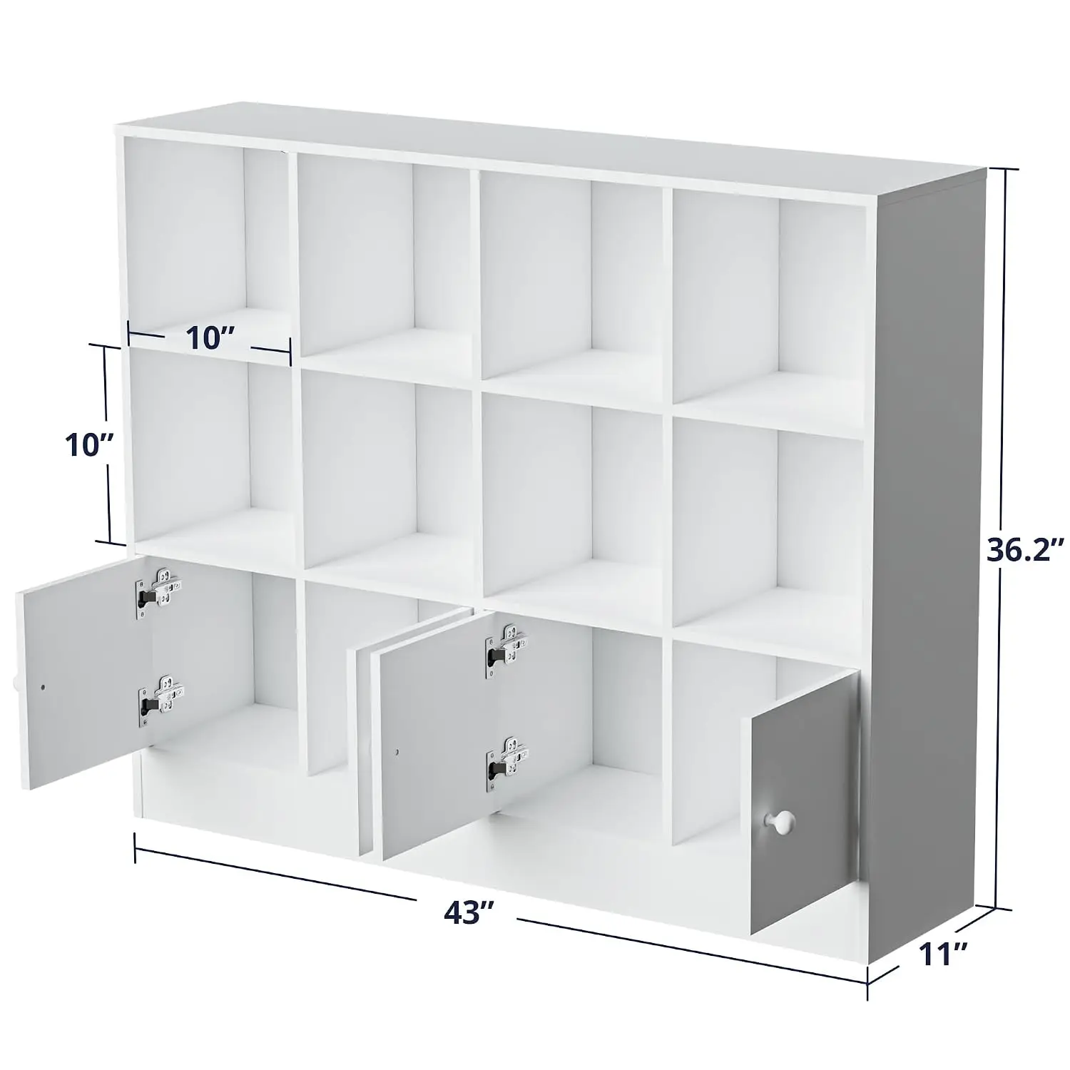 White Wood Bookcase 12 Cube Shelf 4 Door 3 Tier Adjustable Shelves Living Room Home Office, Customized