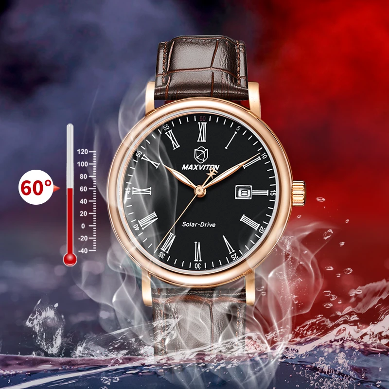 

MAXVITON Solar Watch for Men, Business Casual Fashion, Luminous Waterproof, Genuine Leather Women's Watch, Couple Watches