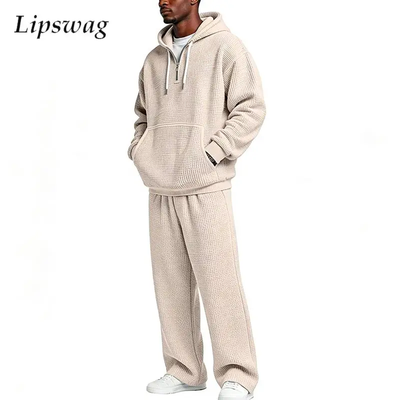 

Casual Mens Waffle Textured Outfits 2025 Autumn Winter Stylish Hooded Sweatshirt And Pants Sets Men Vintage Two Piece Tracksuits