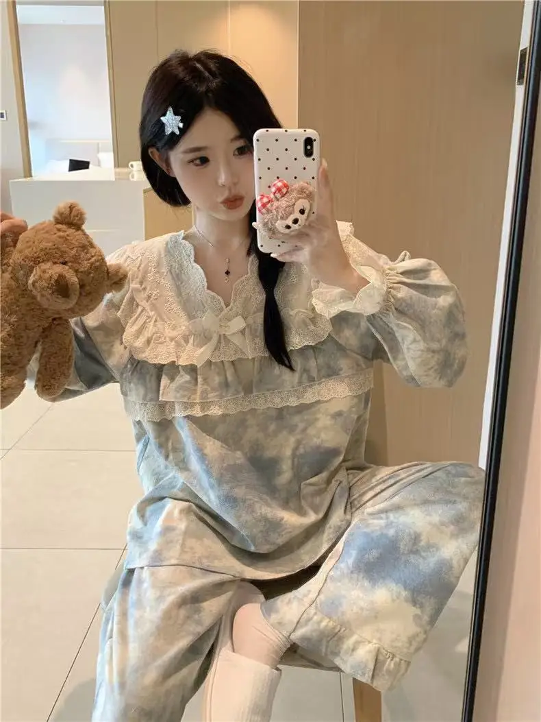 

Sweet Lolita Style Long Sleeve Top & Wide Leg Pants Loungewear for Autumn Winter 2026 Women's Tie-Dye Lace Ruffle Pajama Set