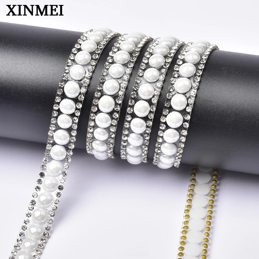 White Glass Crystal Pearl Hot Fix Trim Ribbon Self Adhesive Rhinestone Applique Strass Strip Diy Clothes Cars Decor Accessories