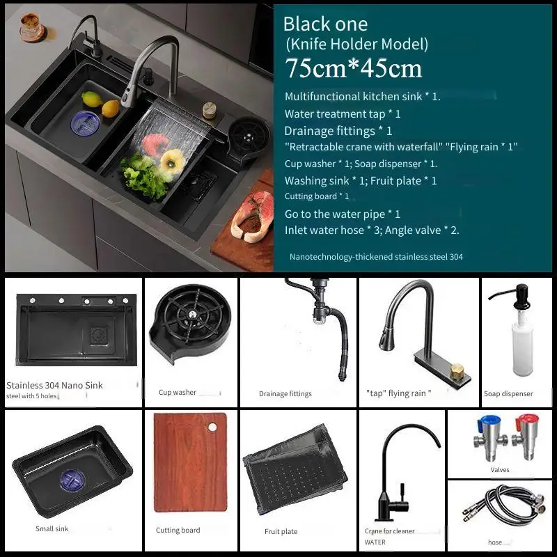 

Multifunction Black Nano Kiten Sink Waterfall Faucet Large Single Bowl Cup Washer Pure Tap Soap Dispenser 304 Stainless Steel