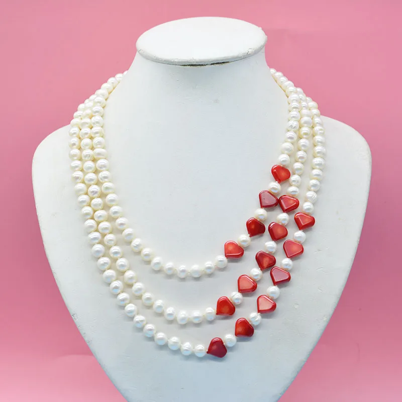 

Exquisite. Pretty. Unique. 8MM natural potato-shaped pearl coral. 3 rows of necklaces. Classic bridal wedding jewelry 18-22"