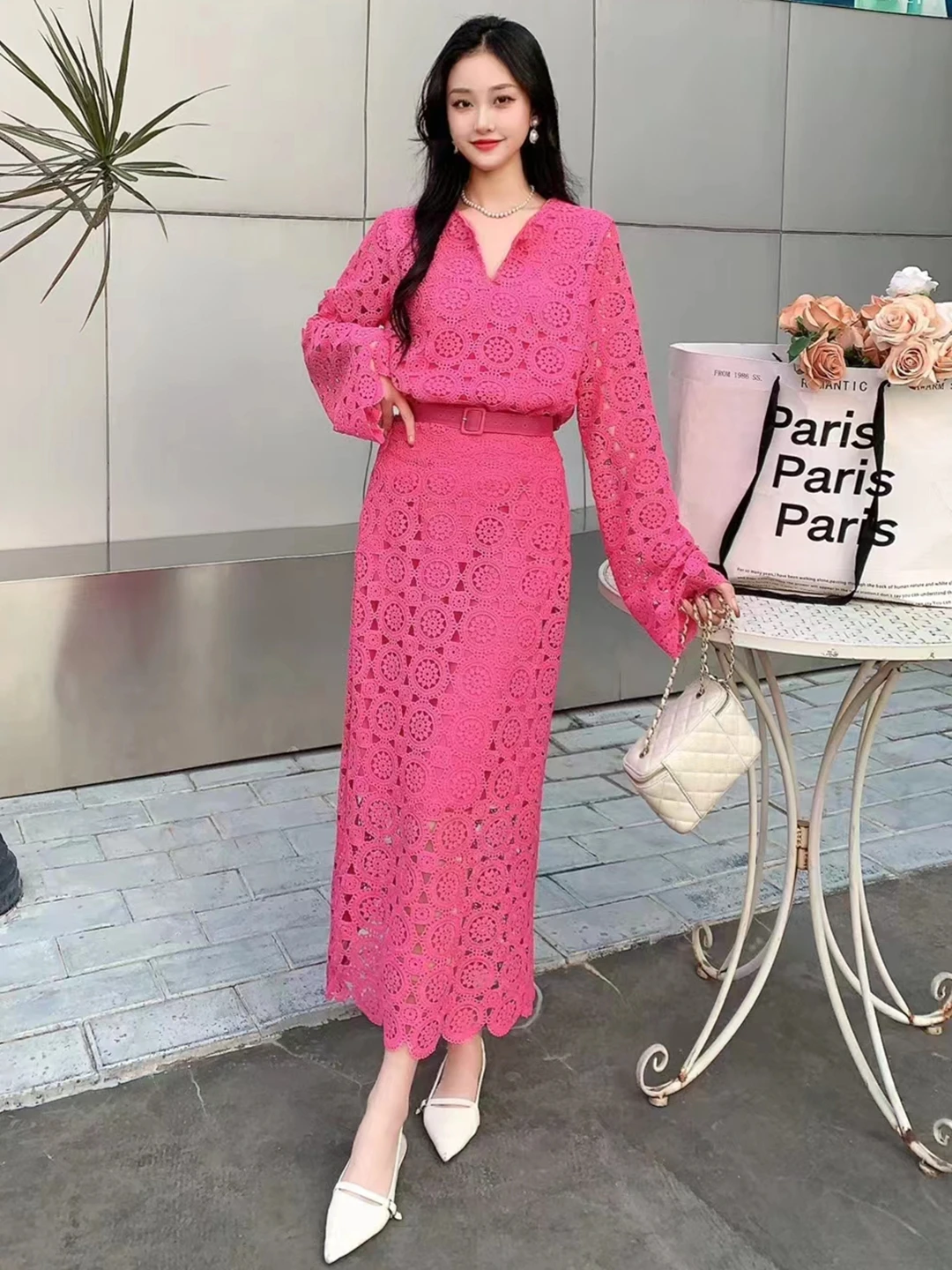 2024 New Spring Autumn Women Vintage Hook flower hollow Lace Skirt Suits Elegant Long Sleeve Top And Long Skirt Two Piece Set