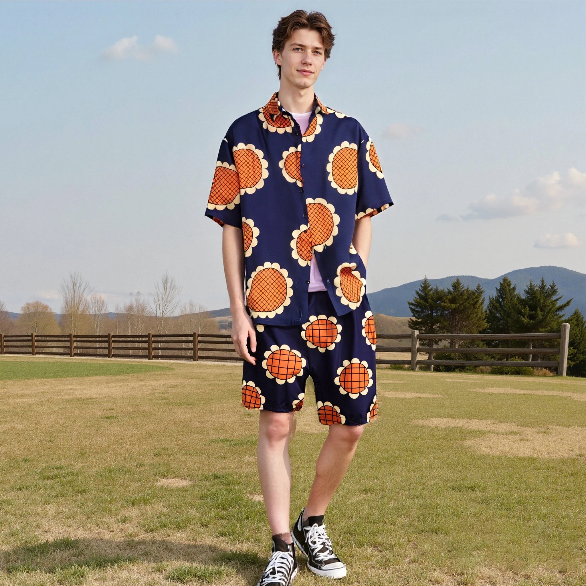 

Anime Luffy Cosplay Costume New Arrival Women Men Sunflower Print Button Shirt Halloween Adult Cosplay Luffy Top Trunks Suit Cos