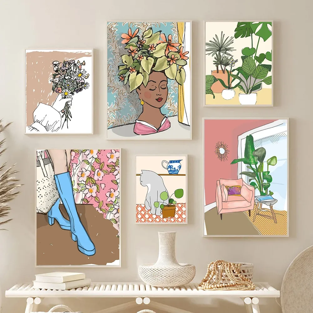 Печать на холсте без рамы в скандинавском стиле с изображением головы девушки и цветов вертикальной прямоугольной формы для д...