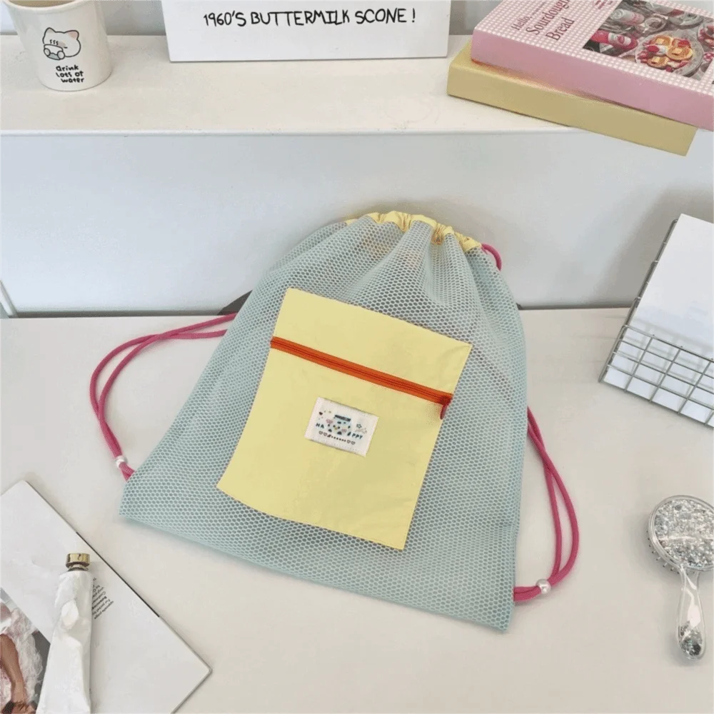 Durable Foldable Mesh Drawstring Backpack Large Capacity Adjustable Straps Mesh Swimming Bag Cosmetic Bags Travel