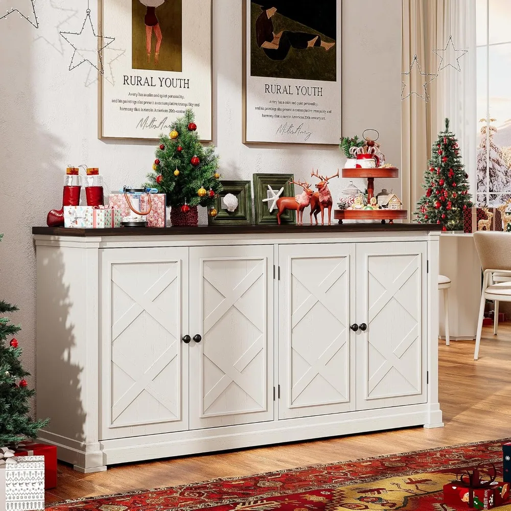 ONBRILL 63インチ バッフェキャビネット 収納付き、大型サイドボードキャビネット 4つの納屋戸付き、調節可能な棚、木製コーヒーバー