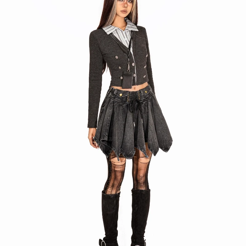 Falda acampanada de subcultura de diseño Vintage para mujer, faldas cortas vaqueras de otoño e invierno, nuevo diseño Sense Tie Rock Y2K