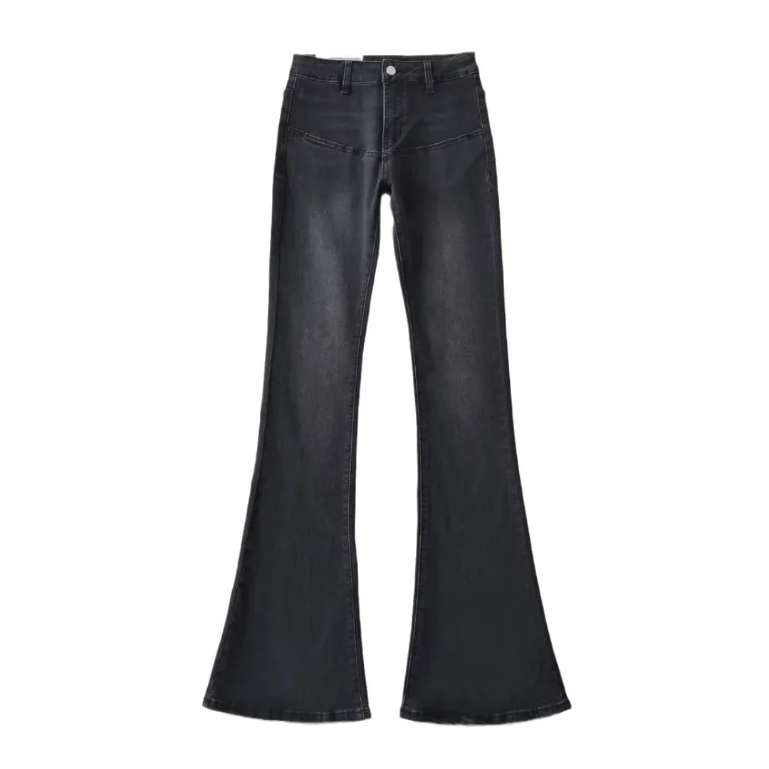 Denim Flare Pants Jeans Women 2025 Autumn Streetwear Vintage Washed Distressed High Waist Stretch Pockets Floor Length Trousers