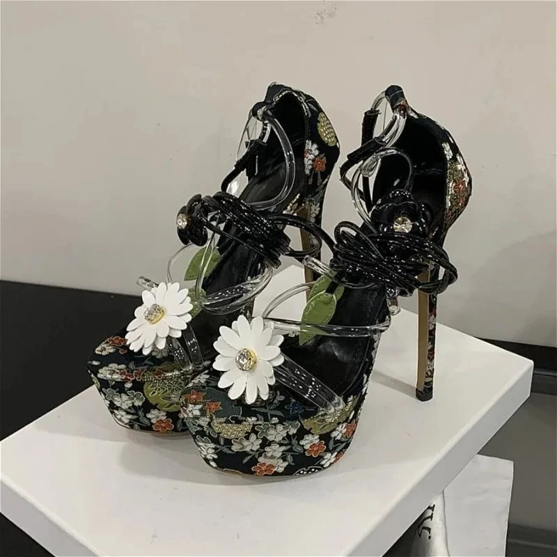 

Flower Sexy Super High Heels Shoes Women Pvc Ankle Cross Straps Party Dress Shoe Fashion Vacation Novelty Platform Sandals Women
