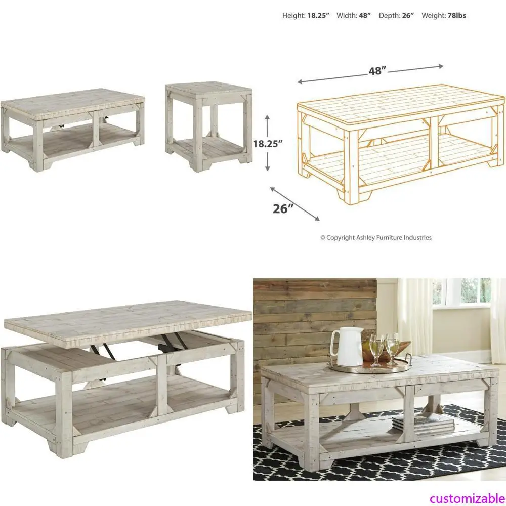 طاولة قهوة مستطيلة على طراز Ashley Fregine Signature Farmhouse مع سطح رفع ورف أرضي، لمسة نهائية من غسيل أبيض