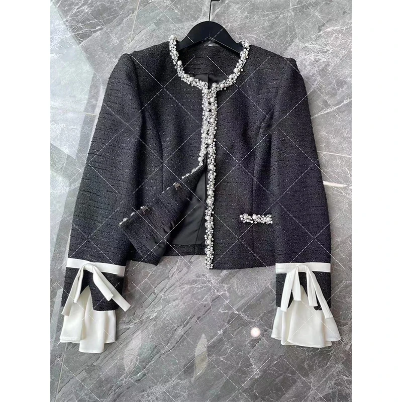 

MEXZT Vintage Beading Jacket Women Elegant Cropped Bow Patchwork Coats Autumn Ladies Korean Long Sleeve Design Short Outerwears