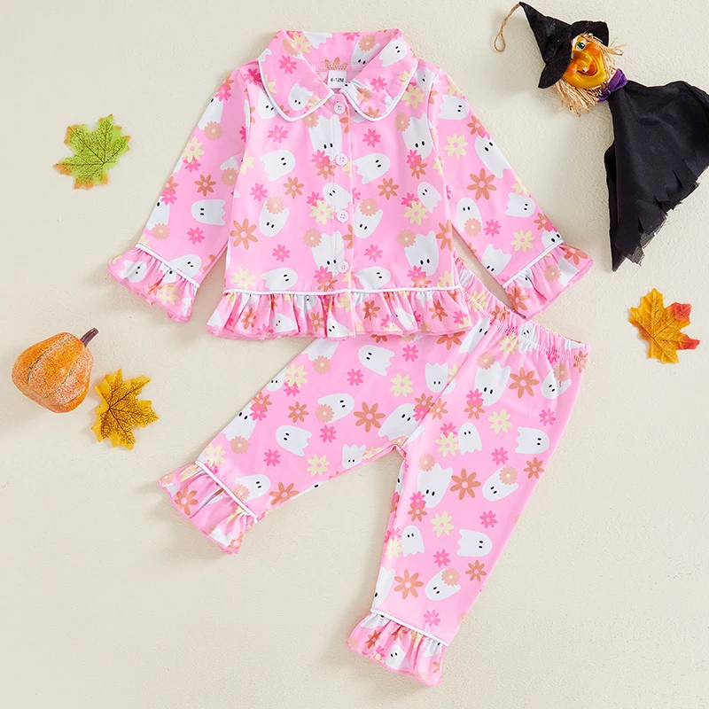 

Little Girl Halloween Pajamas Set Pumpkin Print Long Sleeve Lapel Button Down Tops with Ruffled Pants Fall 2 Pieces Sleepwear