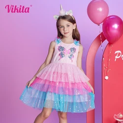 VIKITA Girls Butterfly Sequined Dress Kids Summer Sleeveless Dresses Girls Mesh Tulle Tutu Princess Layered Ball Gown 3-12Y