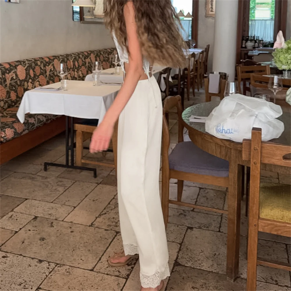 NEW Apricot Fashion Satin Reflective Woven Ladies Pajamas Set Two-Piece Sleeveless Lace Camisole Elastic Waist Full Length Pants 6