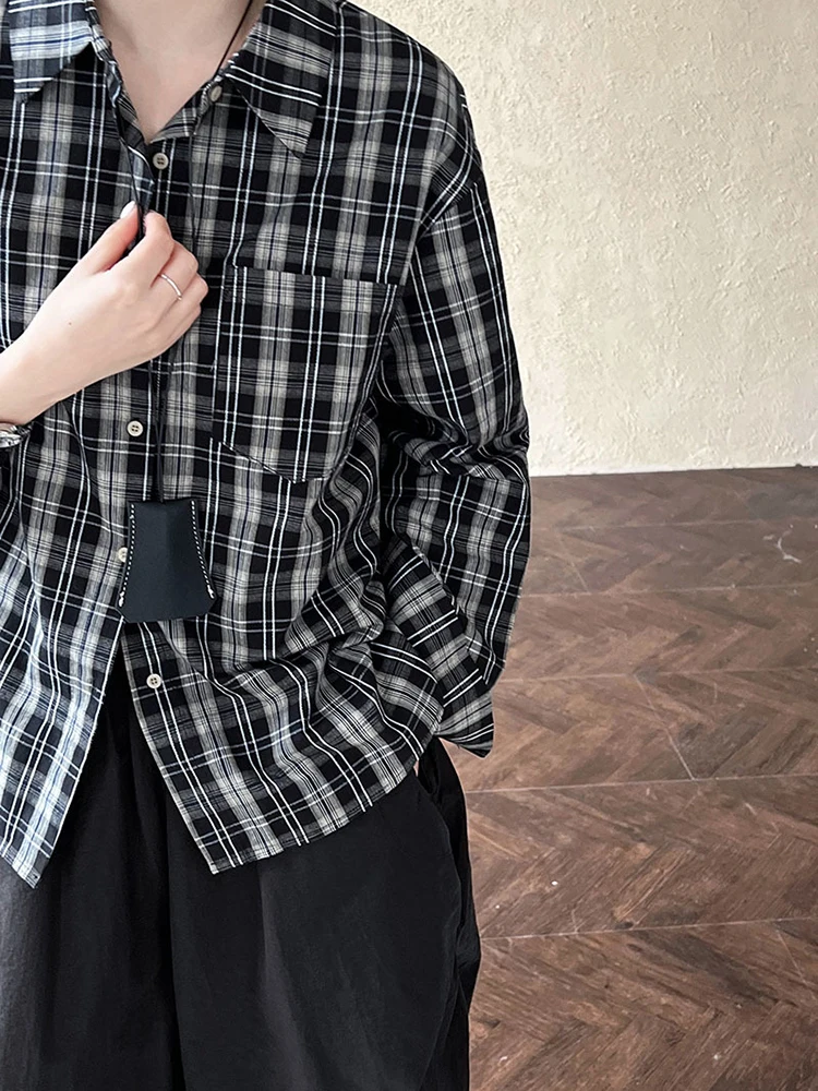 [EAM] Women Black Plaid Vintage Big Size Casual Blouse New Lapel Long Sleeve Shirt Fashion Tide Spring Autumn 2024 1DH7678