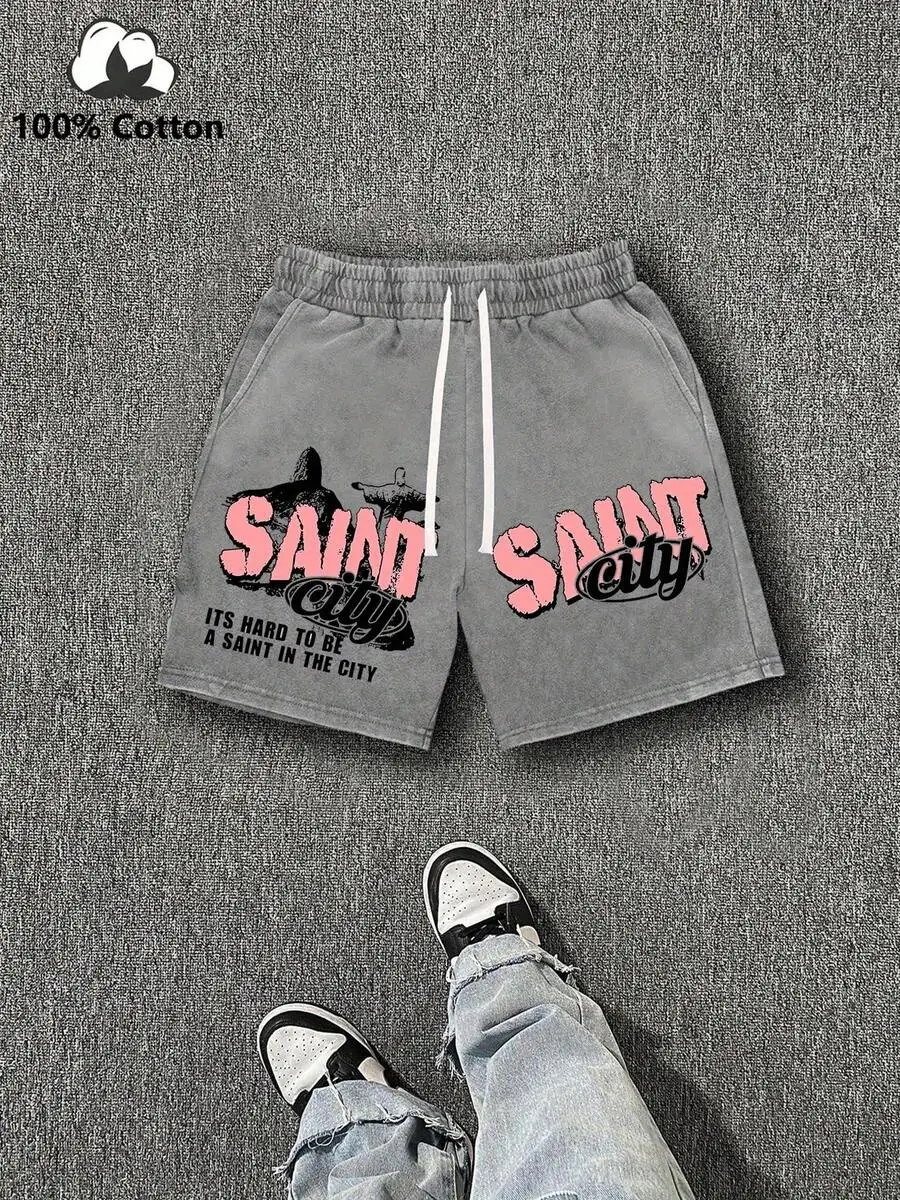 

Gray Vintage Cotton Men’s Drawstring Waist Shorts With Saint City Graphic Print