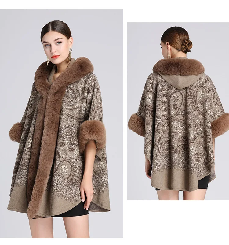 6 Colors Khaki Long Faux Rabbit Fur Collar Hat Cloak Women Party Overcoat Winter Thick Cape Loose Printed Streetwear Coat