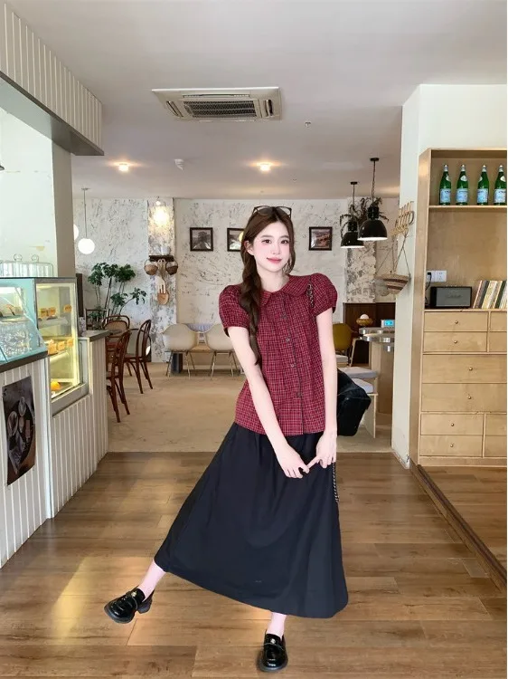

Retro plus Size Set Women's Summer New Anti-Aging Doll Collar Plaid Short Sleeve Shirt Midi Skirt Fashionable Korean Style