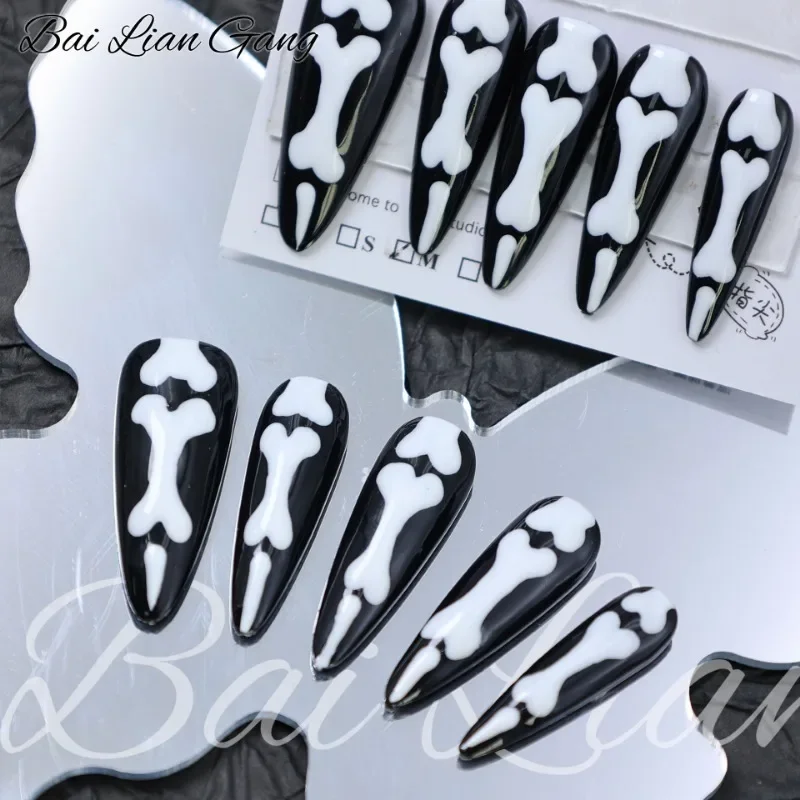 

10pc Press on Nails Black Series Star Pure Handmade Fake Nails Method Dark Short Trapezoid Removable Reuse Full-covered Nails