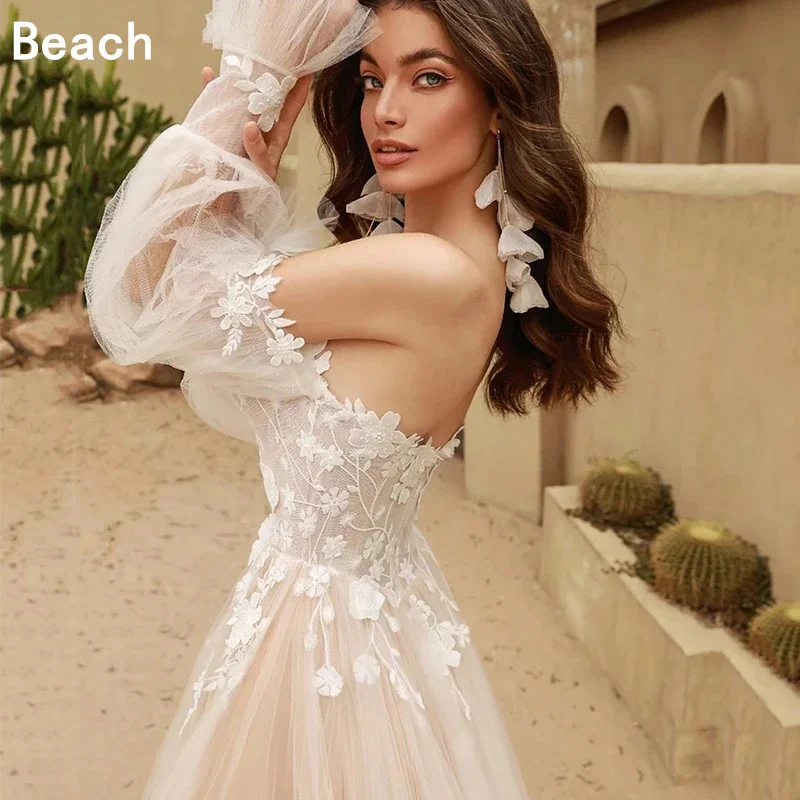 Beach Elegant A-Line Wedding Dress Sweetheart Puffy Long Sleeves Lace Appliques Backless Tulle Bridal Gown Vestidos De Novia New