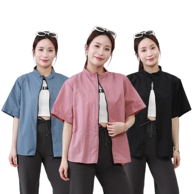 Full Zipper Short Sleeve Top Thin Style Breathable Smock Waterproof Women's Work Clothes For Hair Salon/nail Salon/pet Shop