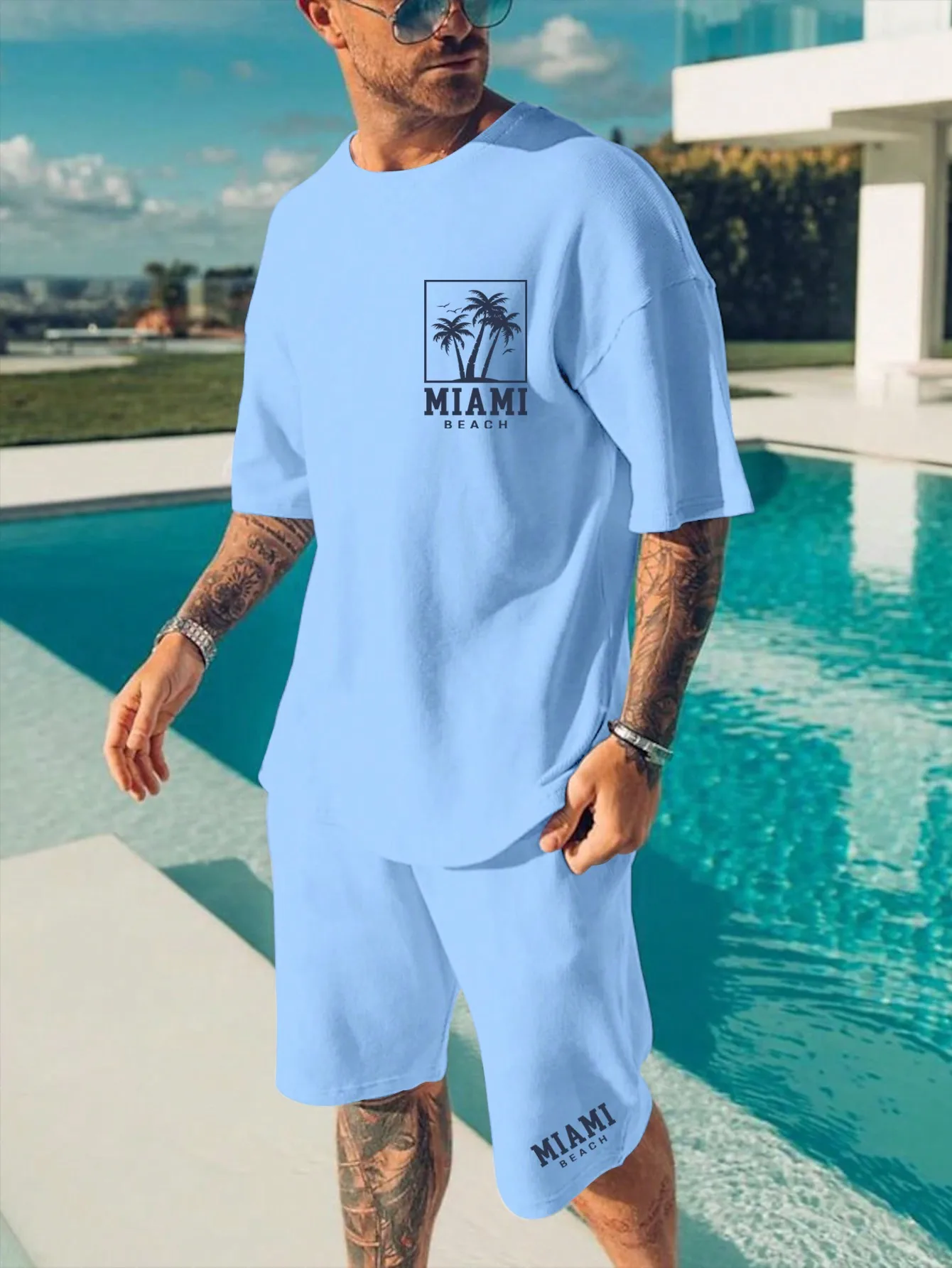 Casual Men's Suit with Monogrammed Short Sleeve Shorts Summer Outdoor Getaway Beachy Men's Casual Suit