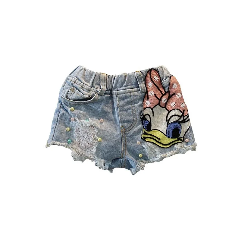 New Summer Teenager Shorts for Girls Cute Cartoon Daisy Denim Girls Kawaii Pearl Jean Shorts Pants Plus Size H7752