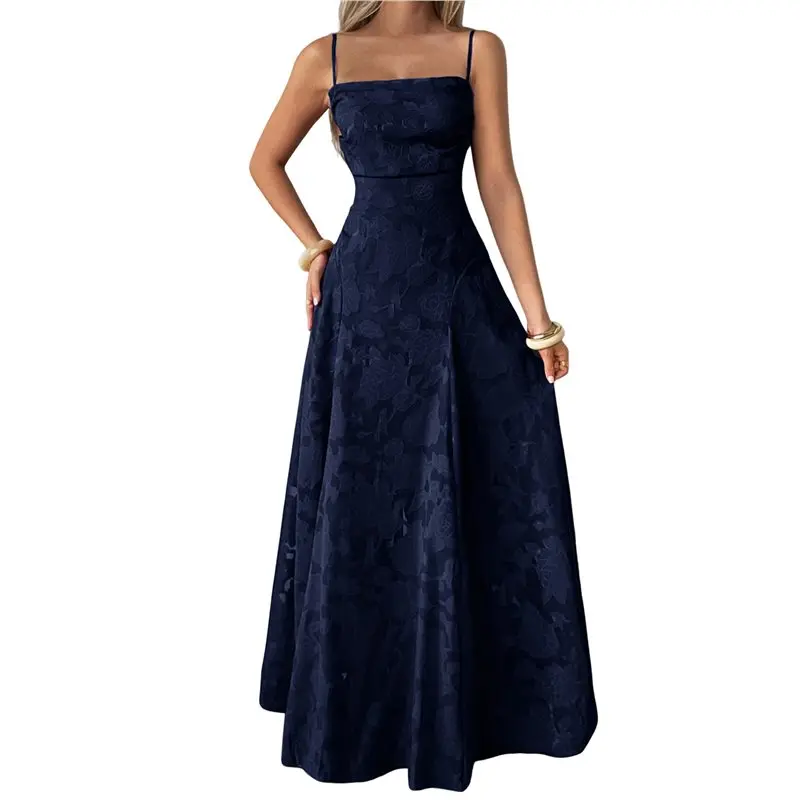 

ABRT-Women's Maxi Dress Jacquard Formal Evening Gown Elegant Wedding Guest Party Dress Dark Blue S
