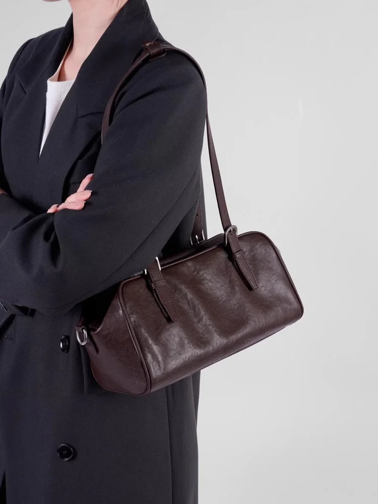 CLAREGQI Soft Cowhide Boston Bag Multifunctional Shoulder Crossbody Handbag Minimalist Large Capacity All Match Leather